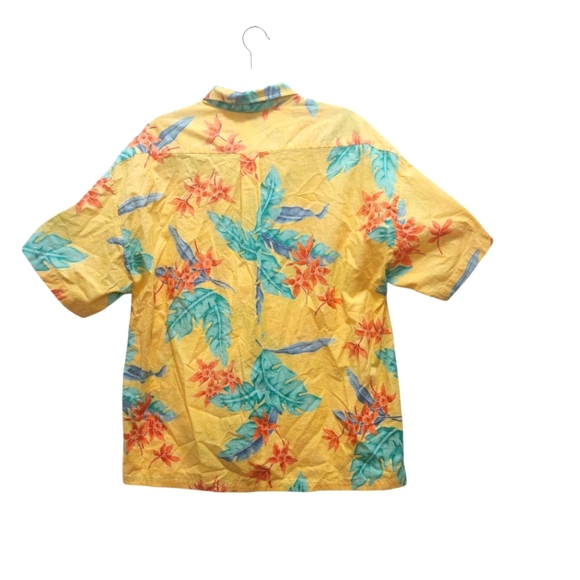 Vintage Hawaiian Mens Button Up Yellow Tropical Floral Shirt Size L Aloha Travel - Picture 4 of 5